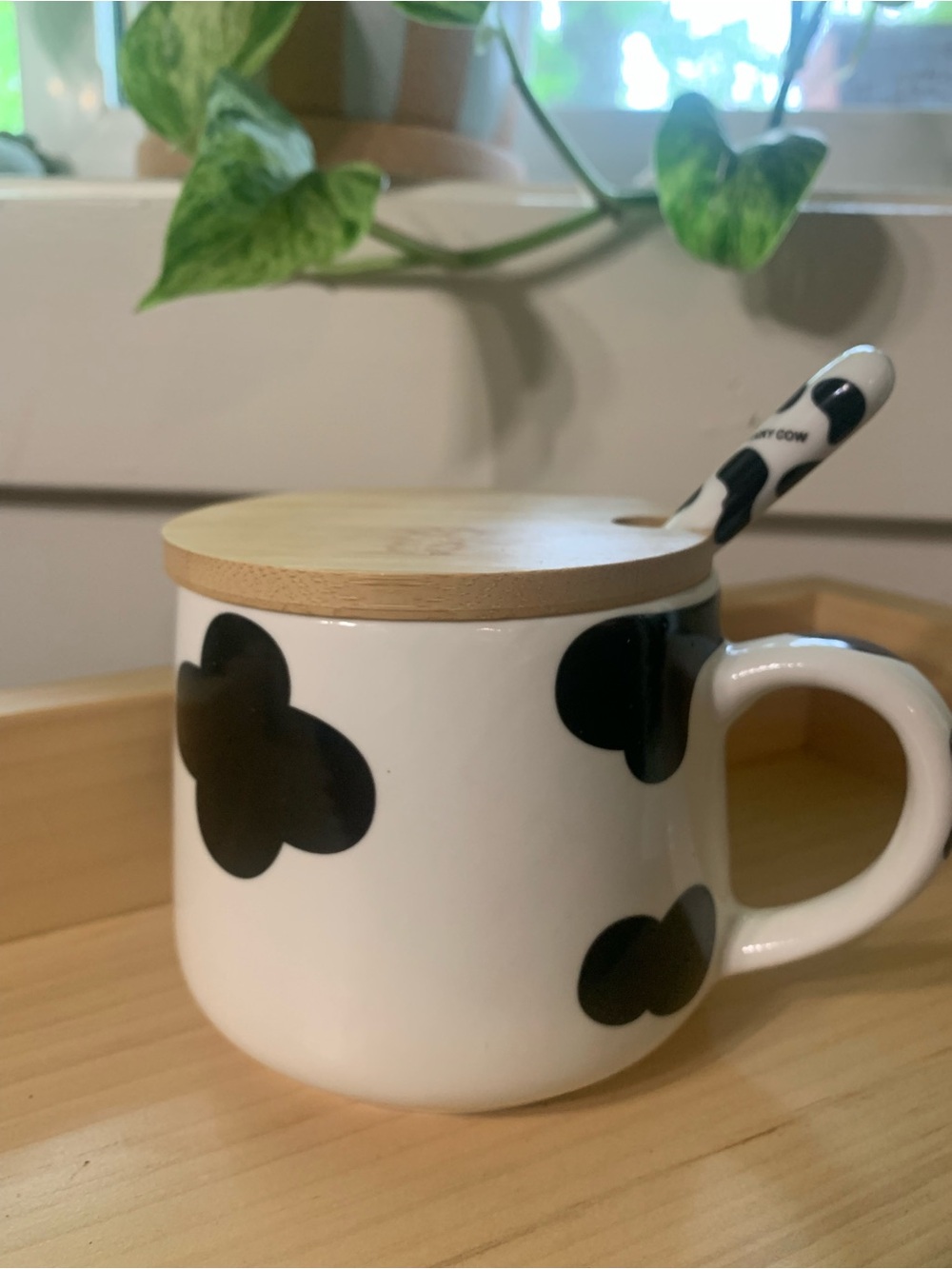 Cute Ceramic Cow Mug with 3D cow inside, spoon & Bamboo Lid